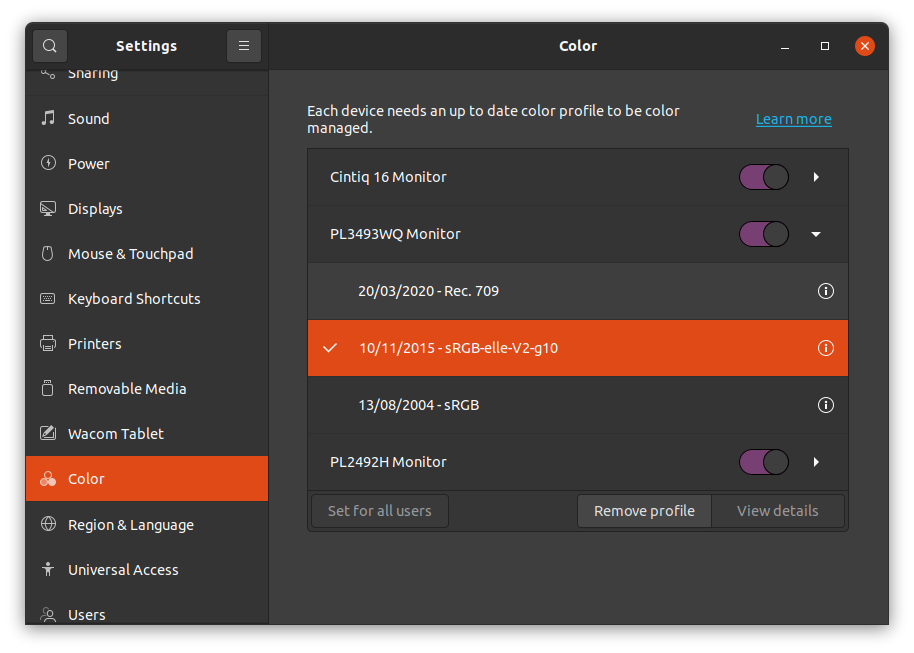Screenshot of Ubuntu profile options